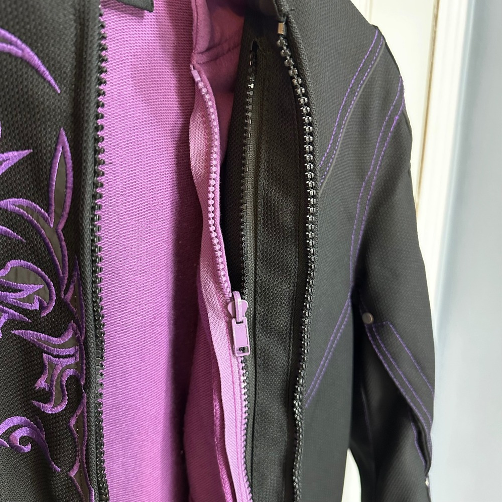 Women Black Purple Motorcycle Jacket Hoodie Liner Tribal Embroidery Biker Medium - Picture 12 of 16